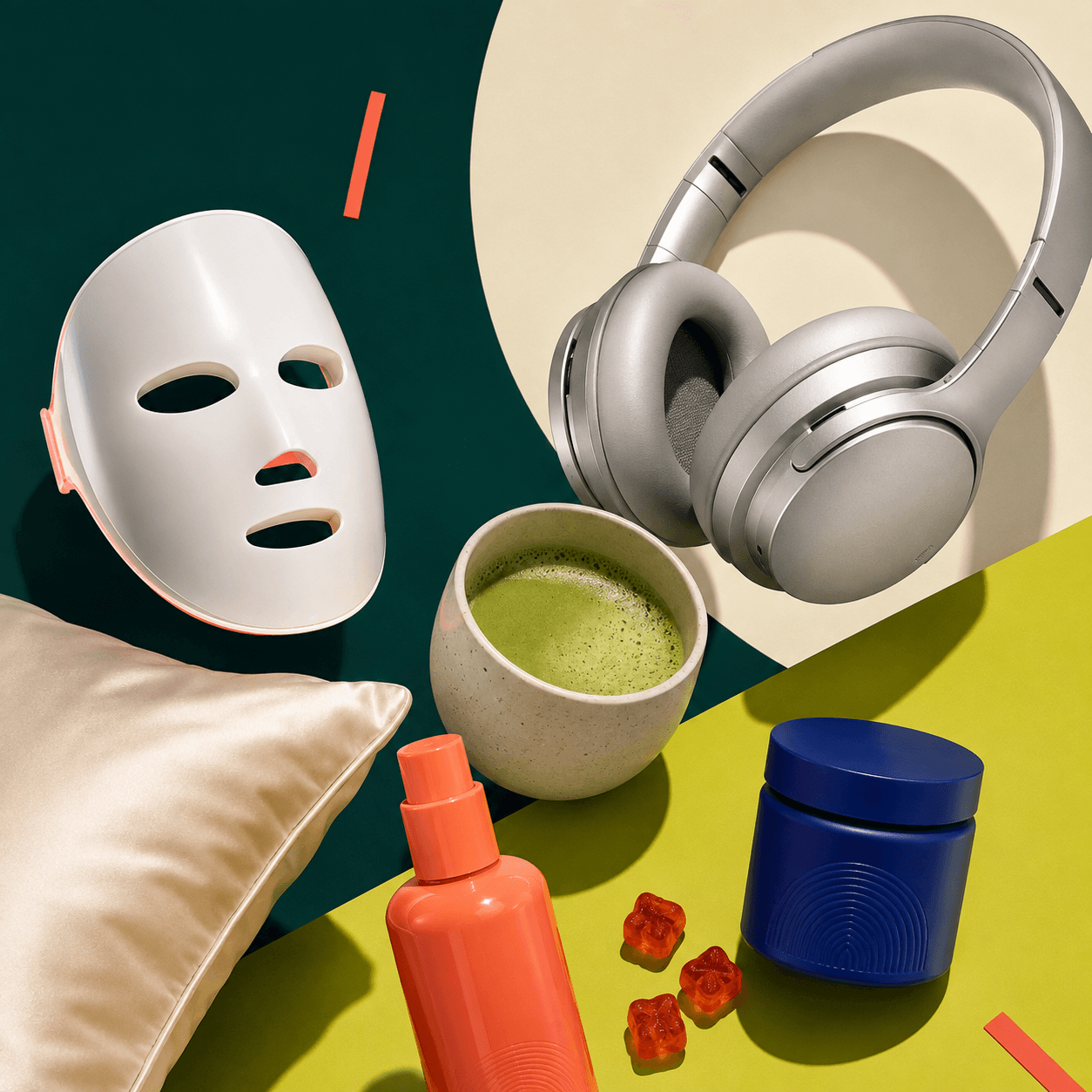A colorful collage of headphones, a skincare device, a silk pillow, matcha, and wellness products